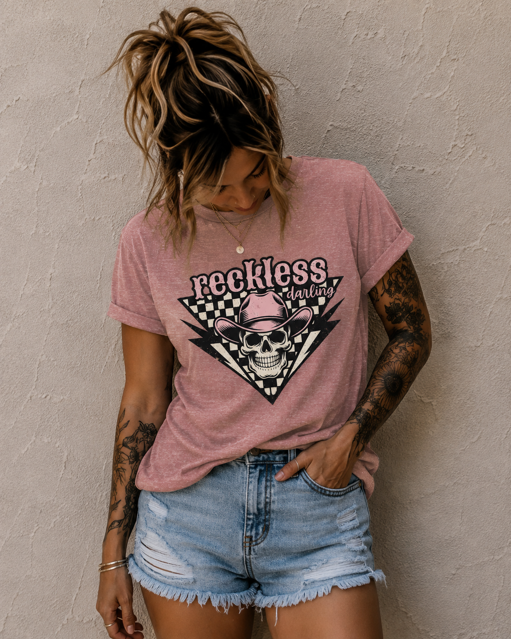 Reckless Darling Skull Tee — Retro Cowboy Skull Graphic T-Shirt