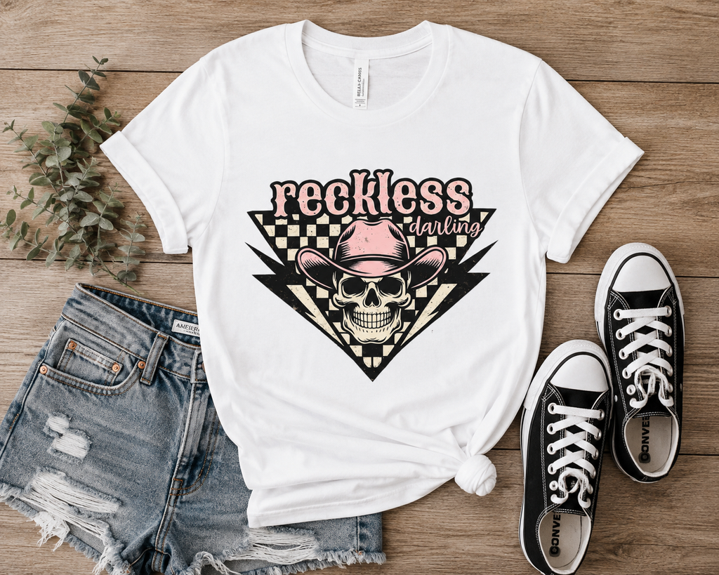 Reckless Darling Skull Tee — Retro Cowboy Skull Graphic T-Shirt