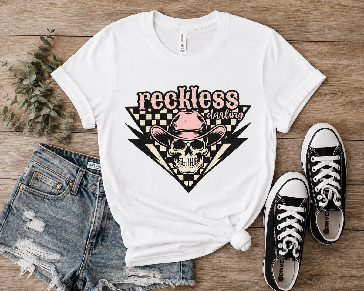 Reckless Darling Skull Tee — Retro Cowboy Skull Graphic T-Shirt