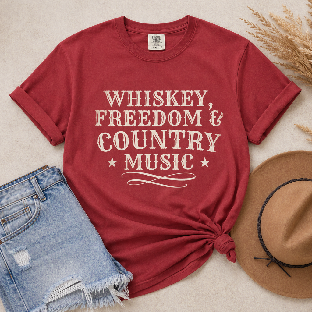 Country Music Graphic T-Shirt — "Whiskey, Freedom & Country Music" Tee