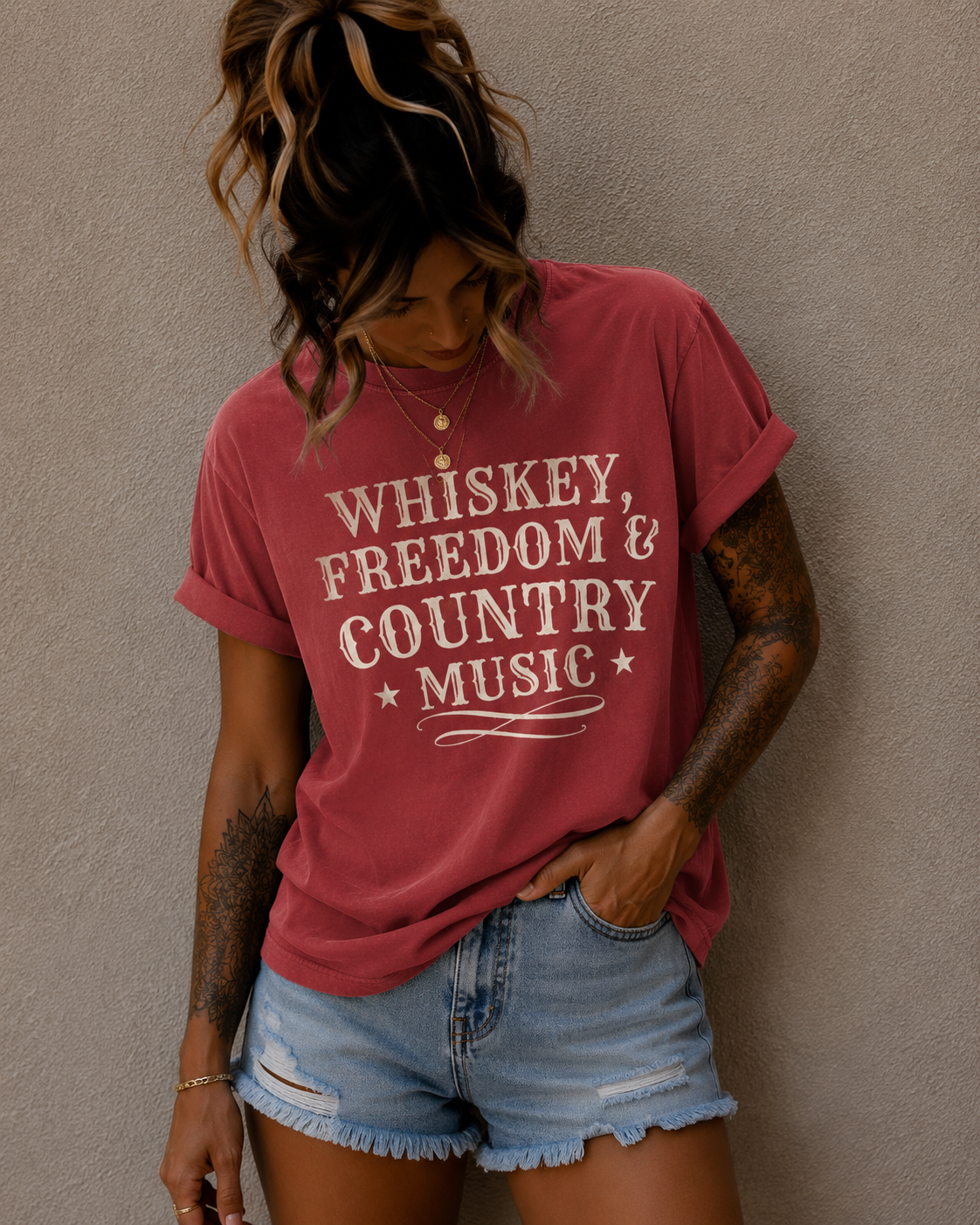 Country Music Graphic T-Shirt — "Whiskey, Freedom & Country Music" Tee