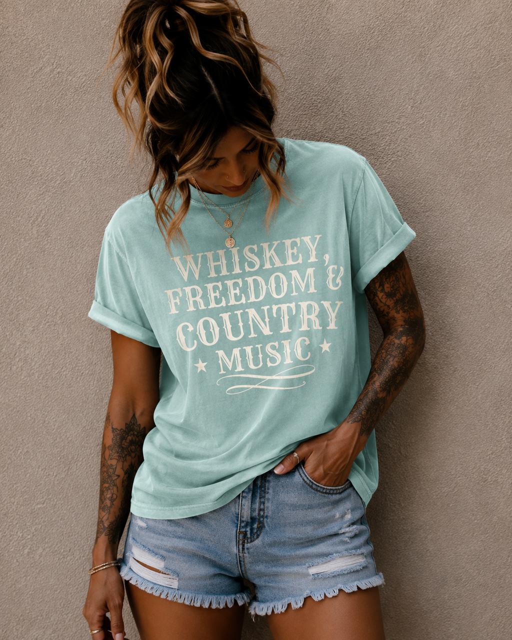 Country Music Graphic T-Shirt — "Whiskey, Freedom & Country Music" Tee