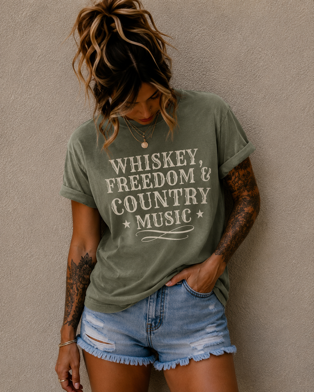 Country Music Graphic T-Shirt — "Whiskey, Freedom & Country Music" Tee