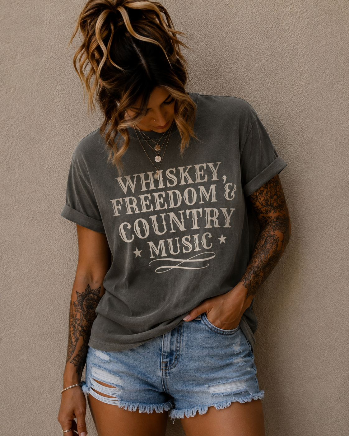 Country Music Graphic T-Shirt — "Whiskey, Freedom & Country Music" Tee