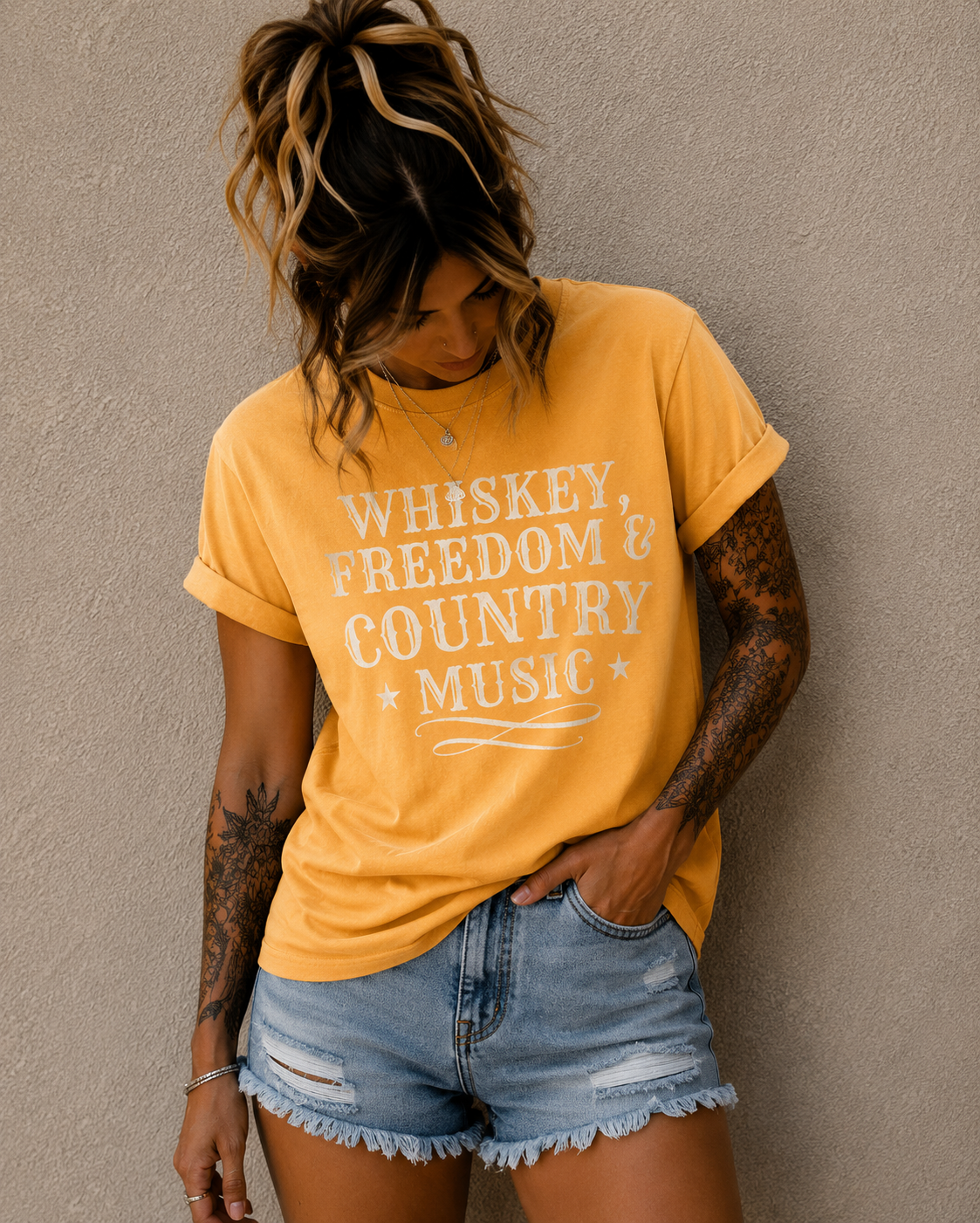 Country Music Graphic T-Shirt — "Whiskey, Freedom & Country Music" Tee