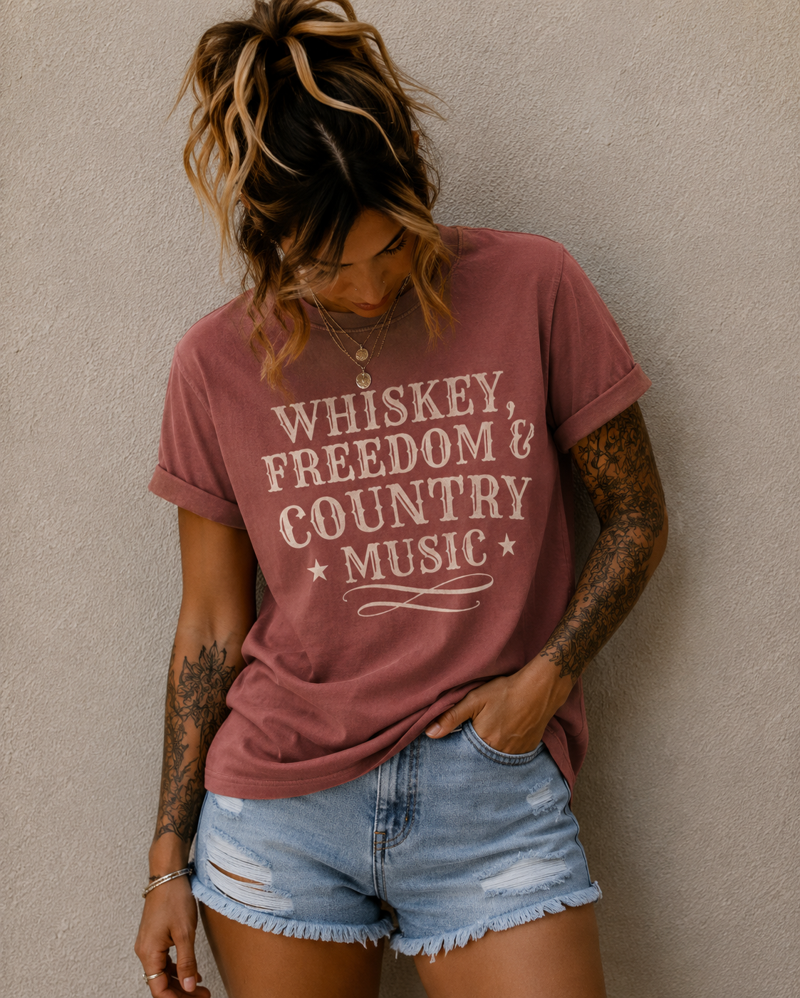 Country Music Graphic T-Shirt — "Whiskey, Freedom & Country Music" Tee