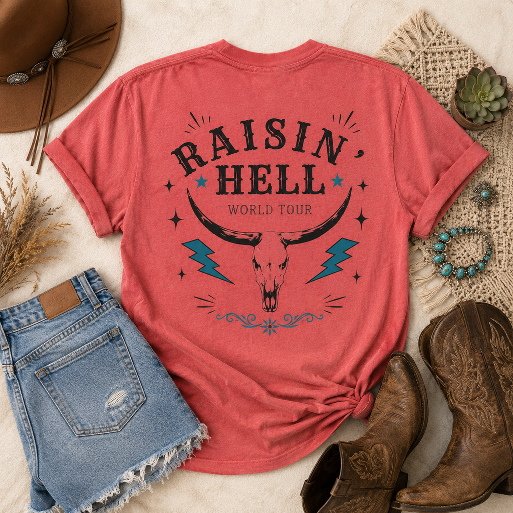 Raisin' Hell Skull Tee — Vintage Western Bull Skull T-Shirt (Front/Back)