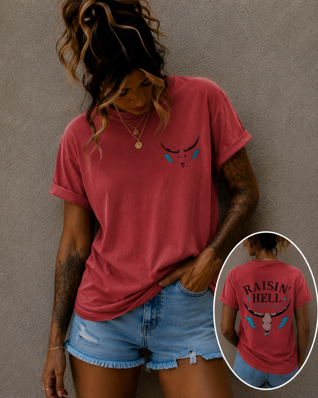 Raisin' Hell Skull Tee — Vintage Western Bull Skull T-Shirt (Front/Back)
