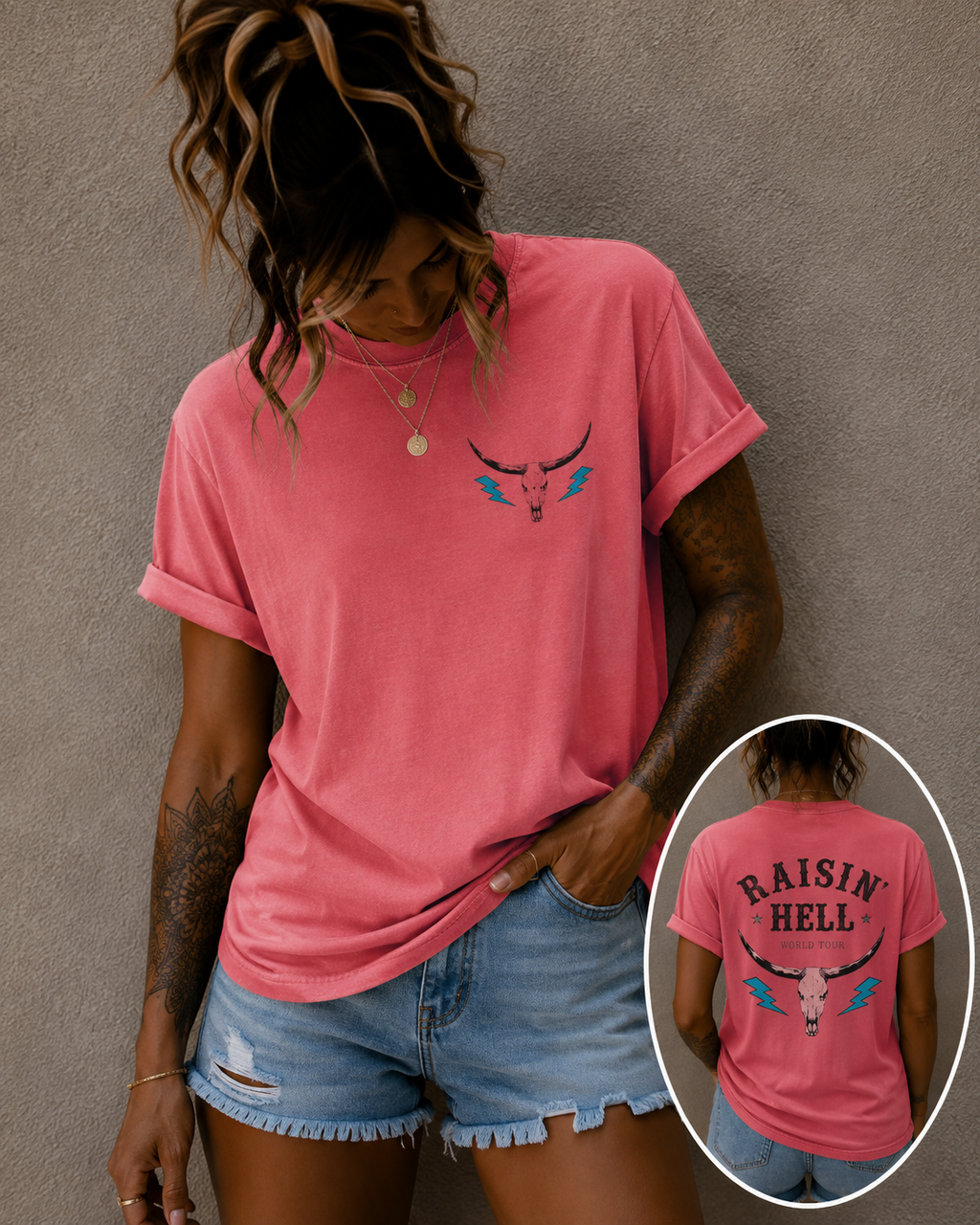 Raisin' Hell Skull Tee — Vintage Western Bull Skull T-Shirt (Front/Back)