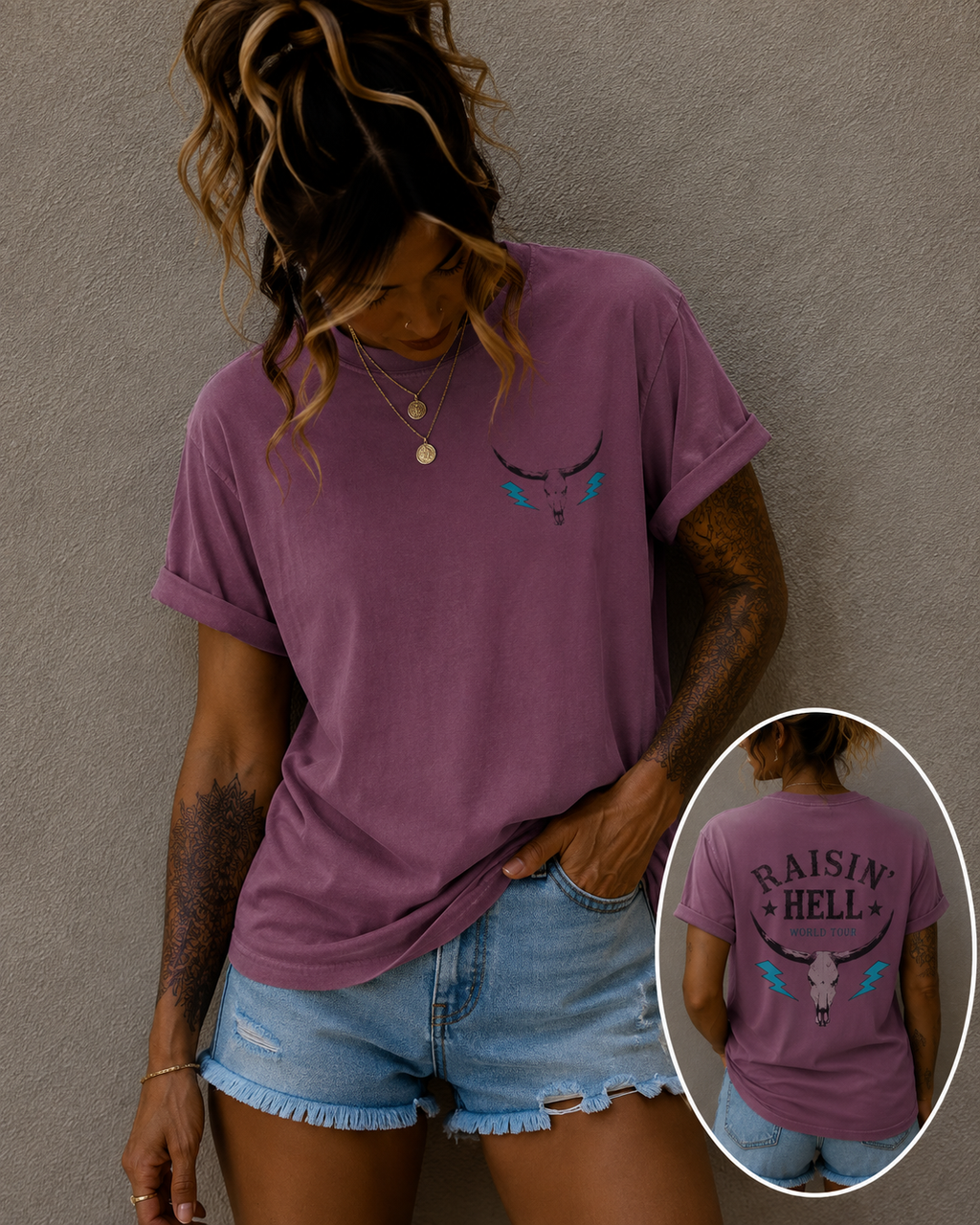 Raisin' Hell Skull Tee — Vintage Western Bull Skull T-Shirt (Front/Back)