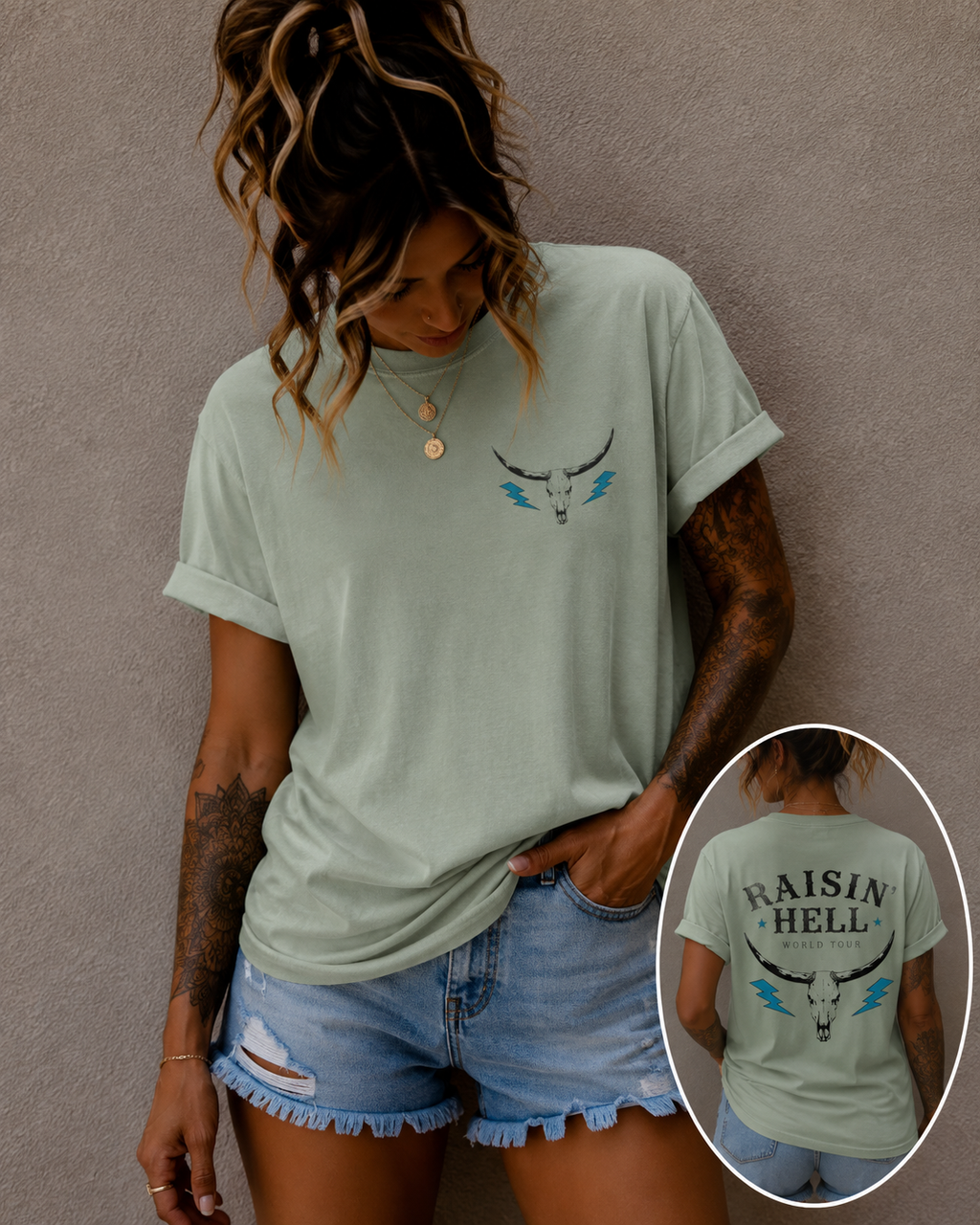 Raisin' Hell Skull Tee — Vintage Western Bull Skull T-Shirt (Front/Back)