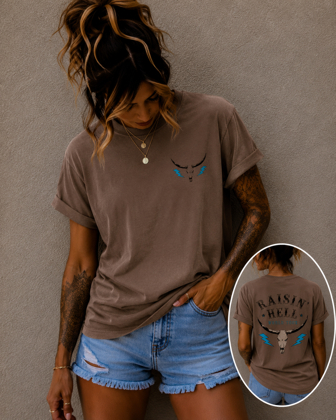 Raisin' Hell Skull Tee — Vintage Western Bull Skull T-Shirt (Front/Back)