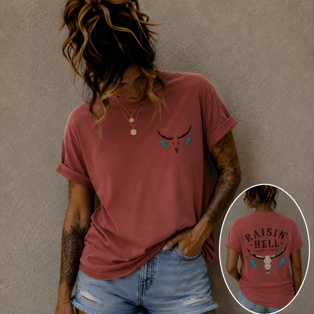 Raisin' Hell Skull Tee — Vintage Western Bull Skull T-Shirt (Front/Back)