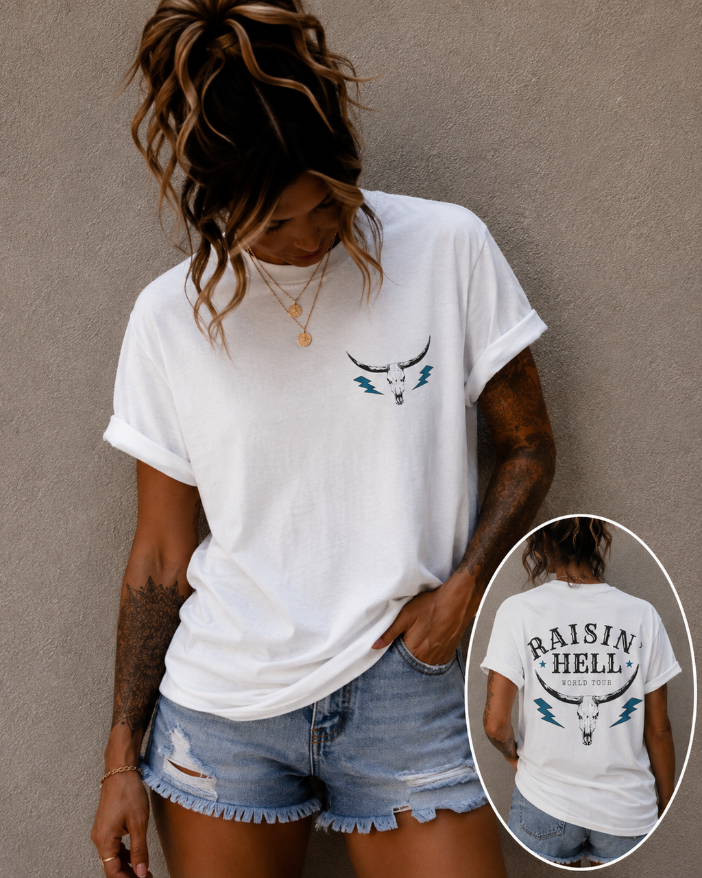 Raisin' Hell Skull Tee — Vintage Western Bull Skull T-Shirt (Front/Back)