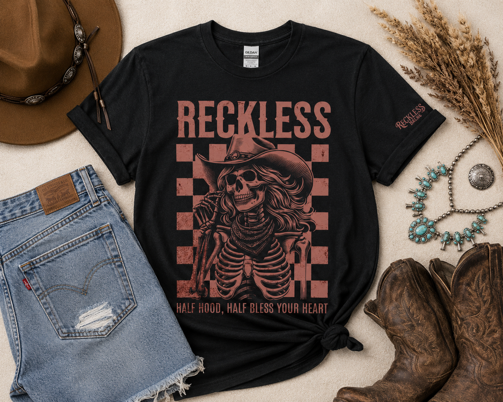 Reckless Skeleton Cowgirl T-Shirt — Vintage Biker Western Graphic Tee