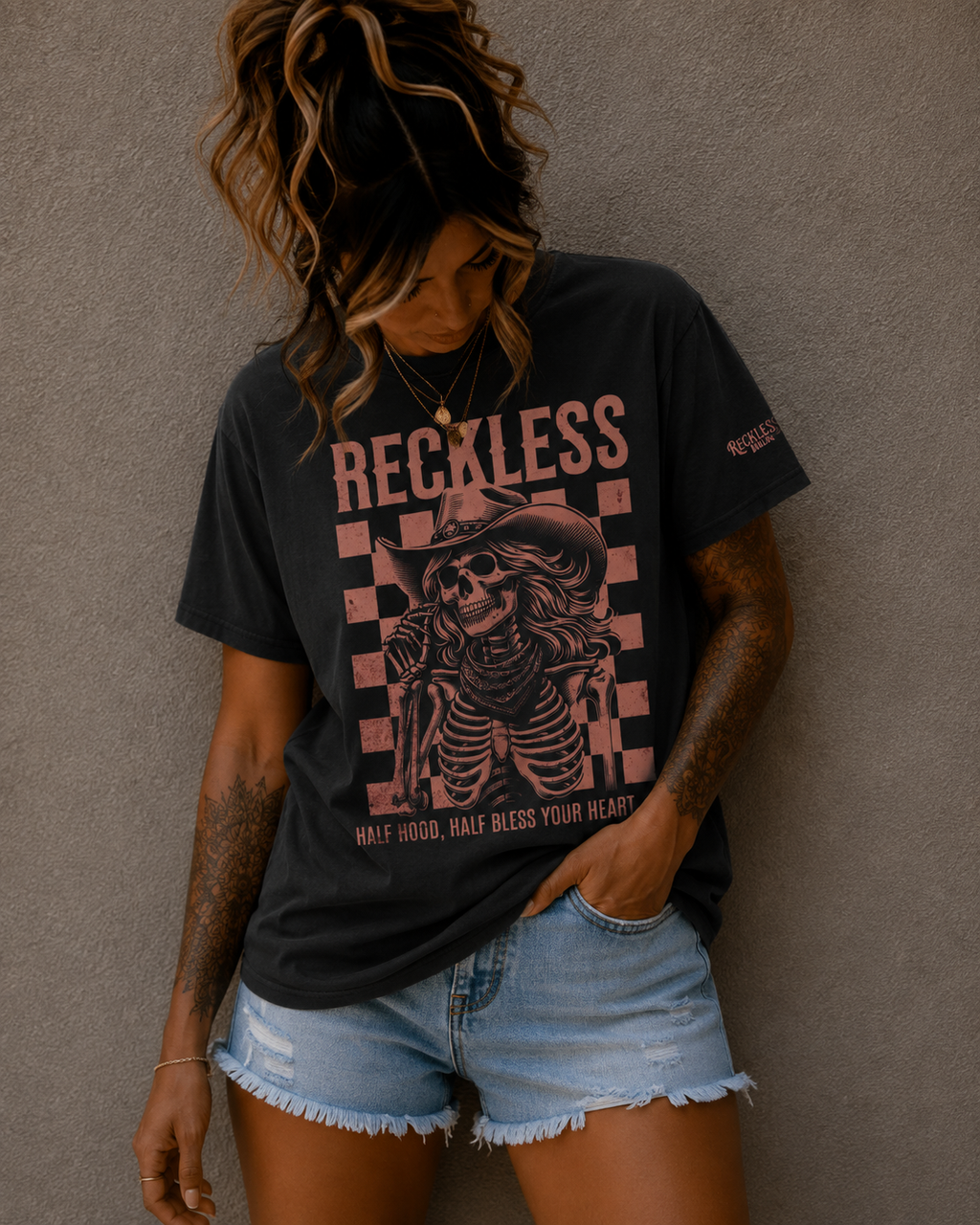 Reckless Skeleton Cowgirl T-Shirt — Vintage Biker Western Graphic Tee