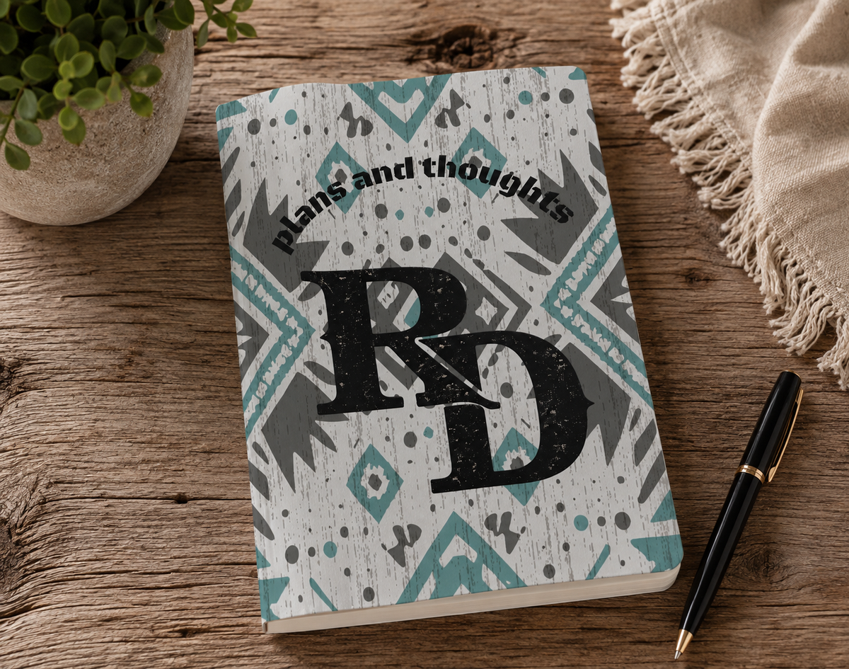 Hardcover Journal — 'Plans and Thoughts' Monogram Notebook with Teal Aztec Pattern