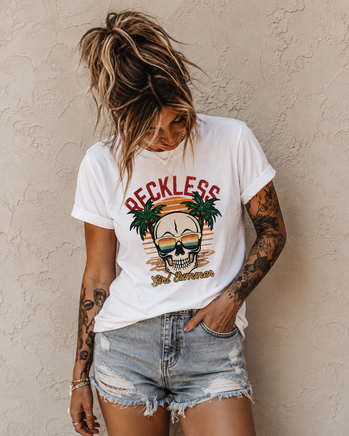 Reckless Summer Skull Tee – Retro Palm Beach Graphic T-Shirt