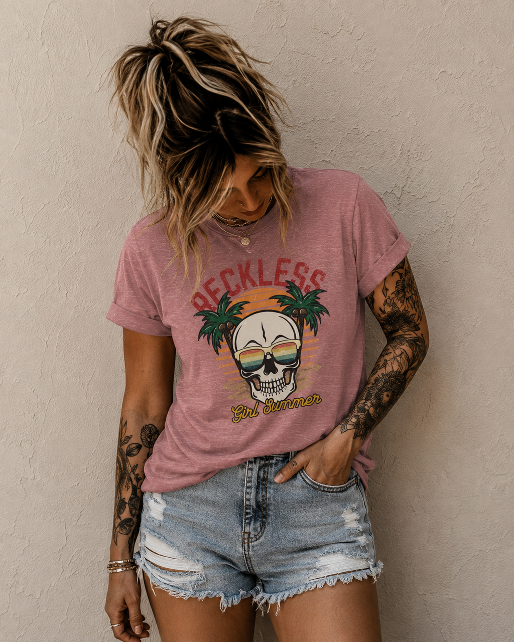 Reckless Summer Skull Tee – Retro Palm Beach Graphic T-Shirt