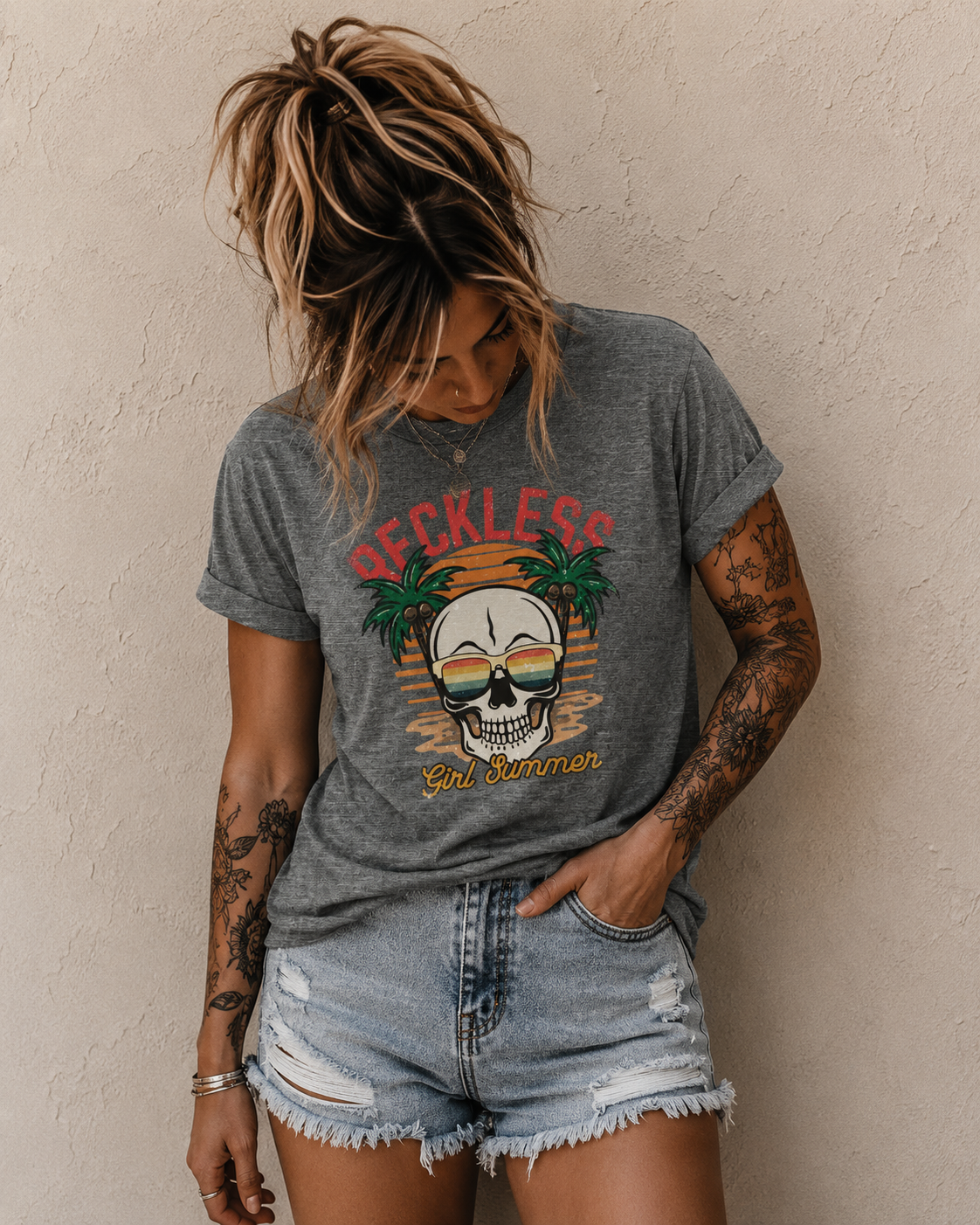 Reckless Summer Skull Tee – Retro Palm Beach Graphic T-Shirt