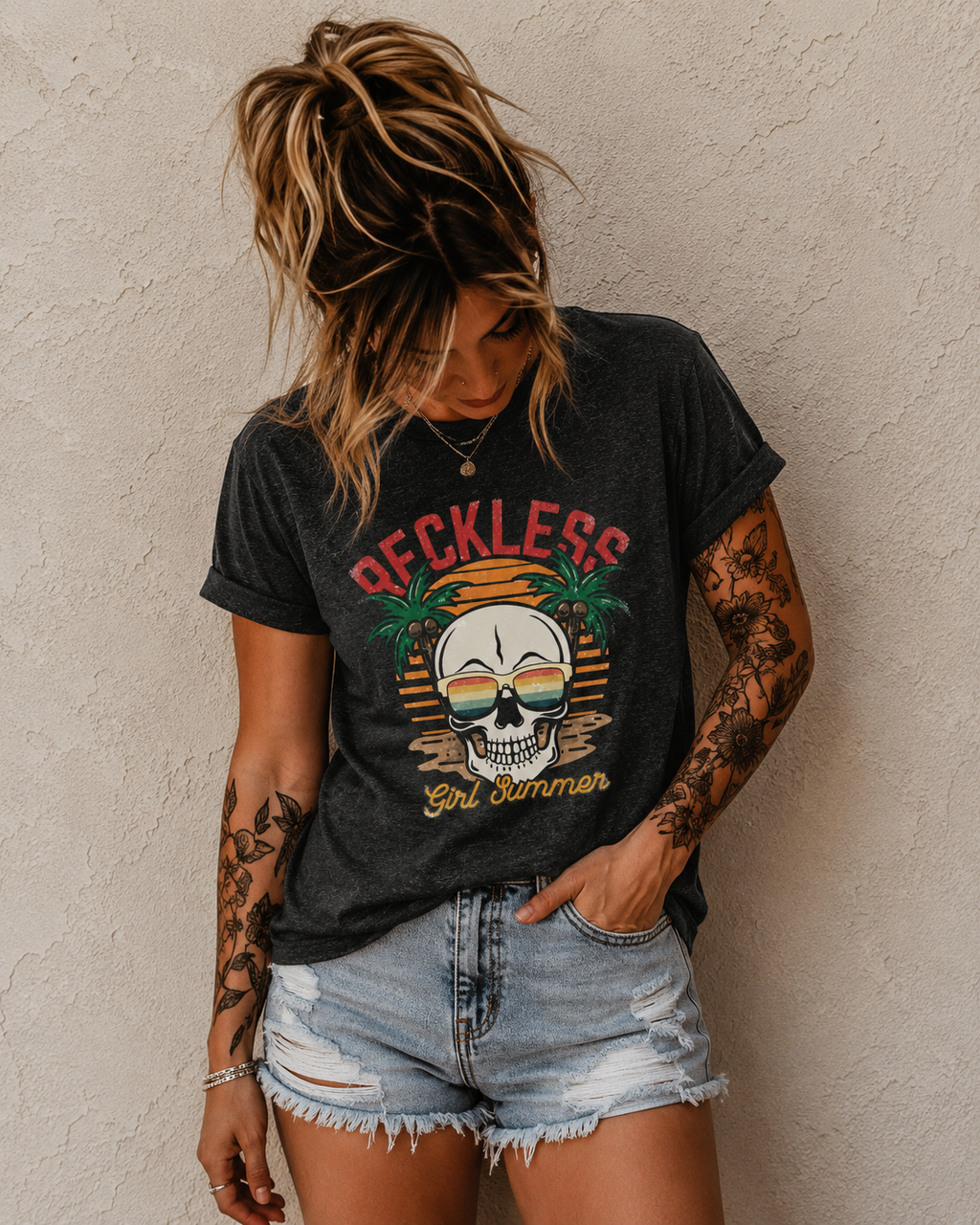 Reckless Summer Skull Tee – Retro Palm Beach Graphic T-Shirt