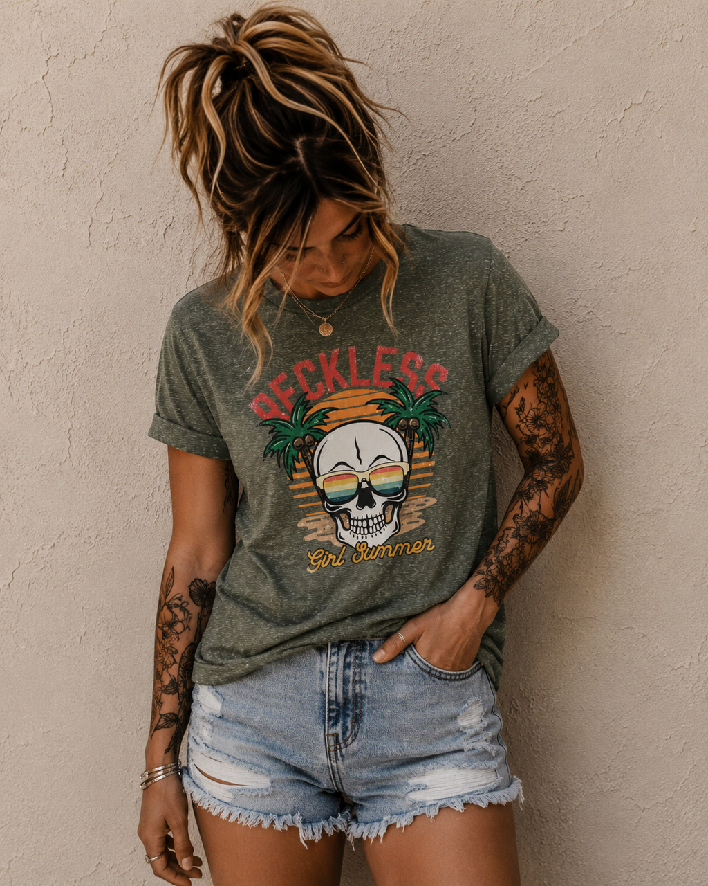 Reckless Summer Skull Tee – Retro Palm Beach Graphic T-Shirt