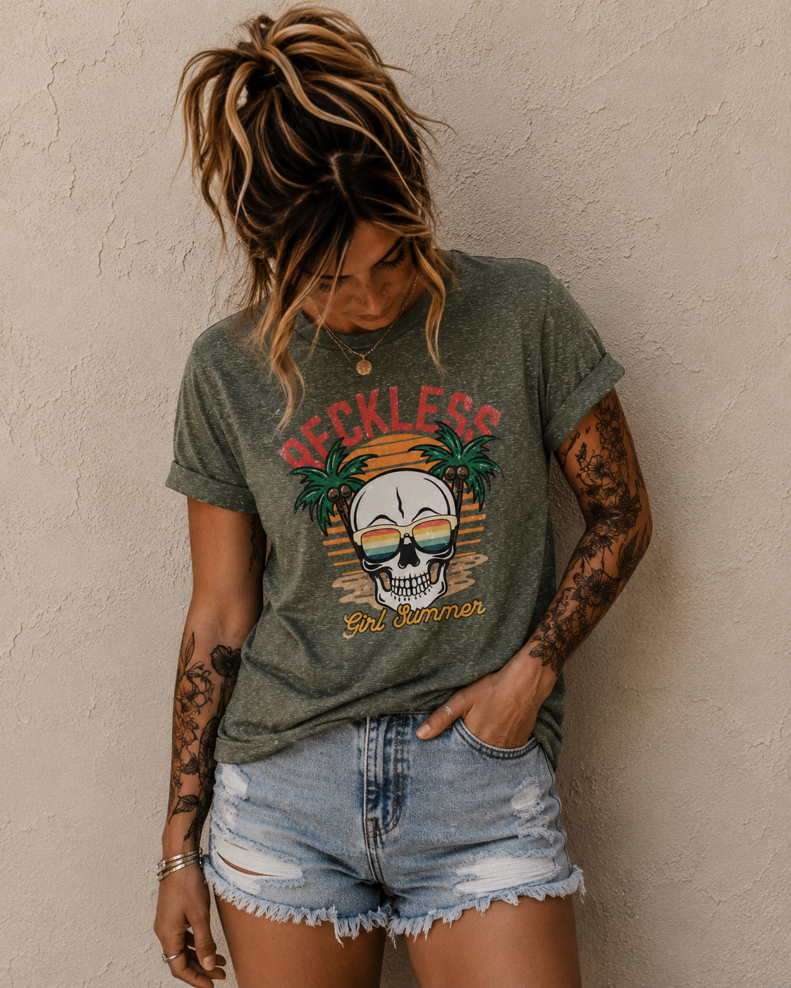 Reckless Summer Skull Tee – Retro Palm Beach Graphic T-Shirt