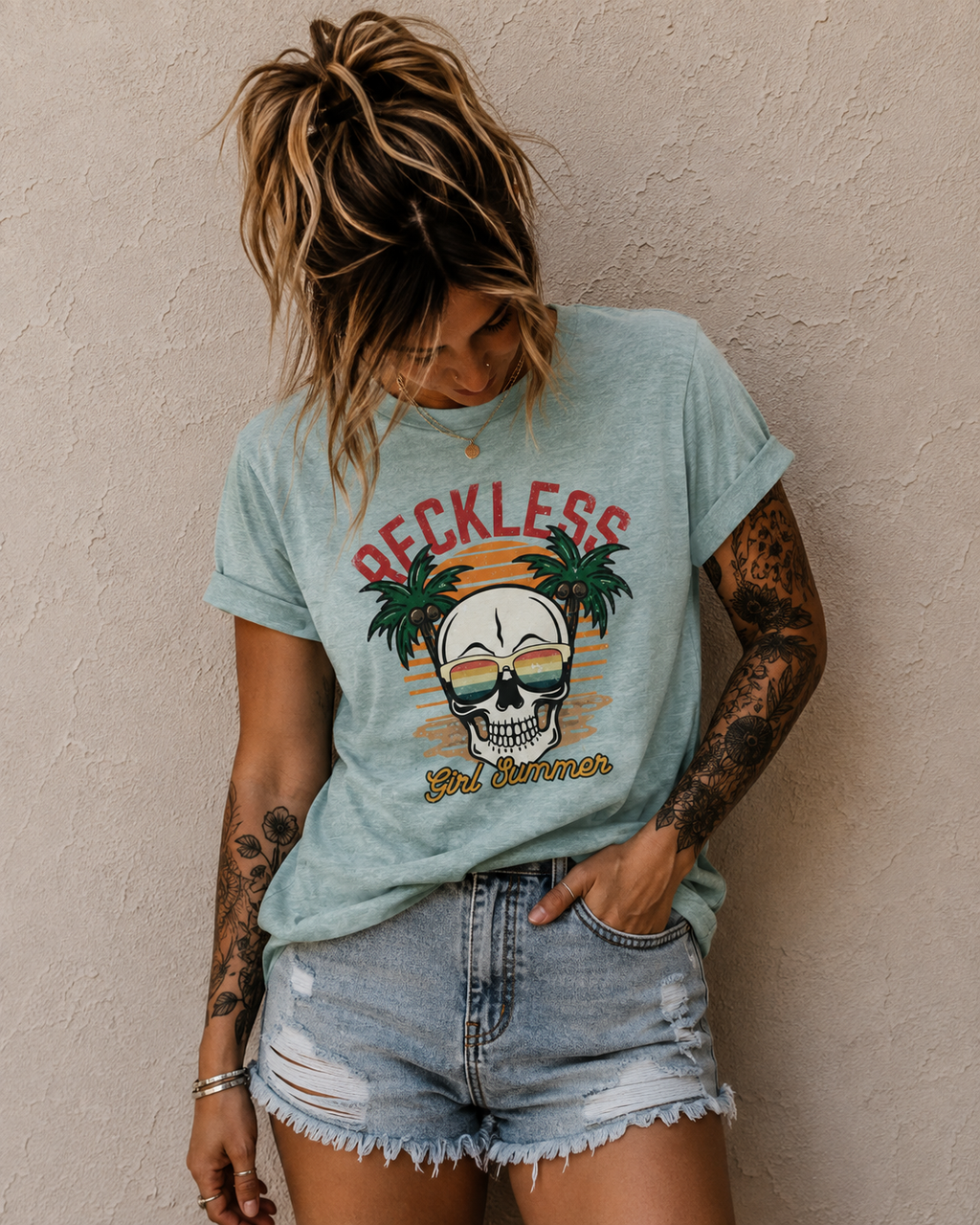 Reckless Summer Skull Tee – Retro Palm Beach Graphic T-Shirt