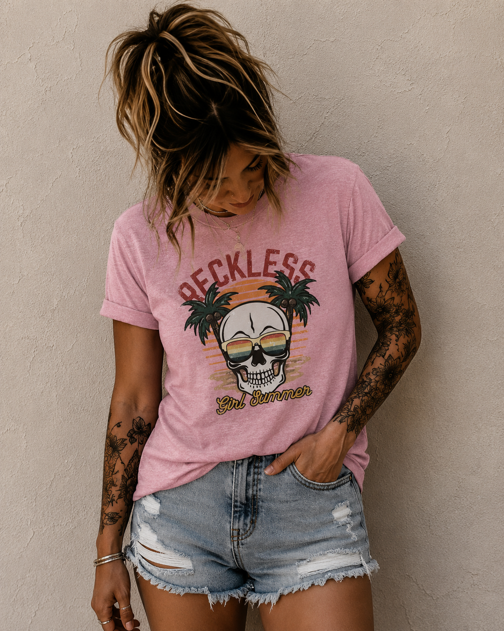 Reckless Summer Skull Tee – Retro Palm Beach Graphic T-Shirt