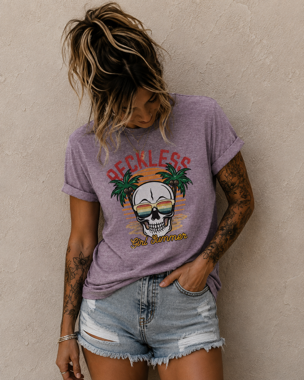 Reckless Summer Skull Tee – Retro Palm Beach Graphic T-Shirt