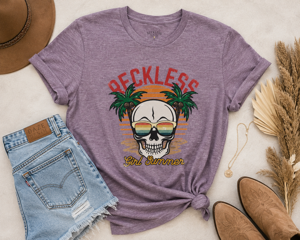 Reckless Summer Skull Tee – Retro Palm Beach Graphic T-Shirt