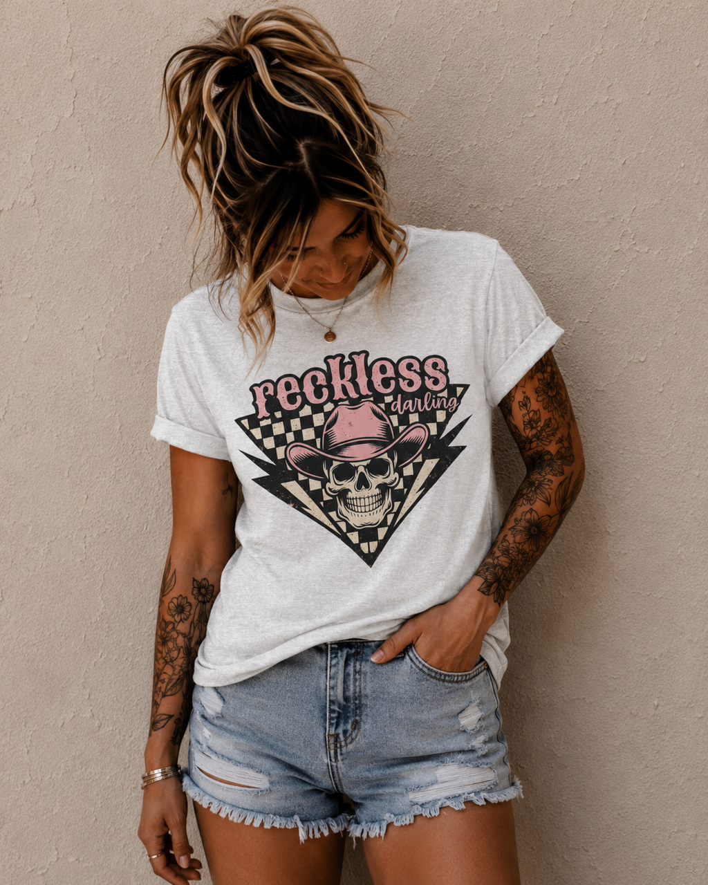 Reckless Darling Skull Tee — Retro Cowboy Skull Graphic T-Shirt