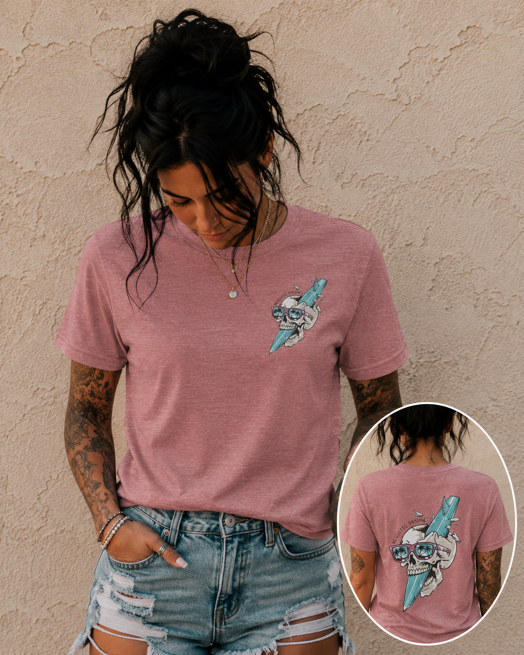 Skull Sunglasses Surfboard Tee — Retro Beach Skull Graphic T‑Shirt