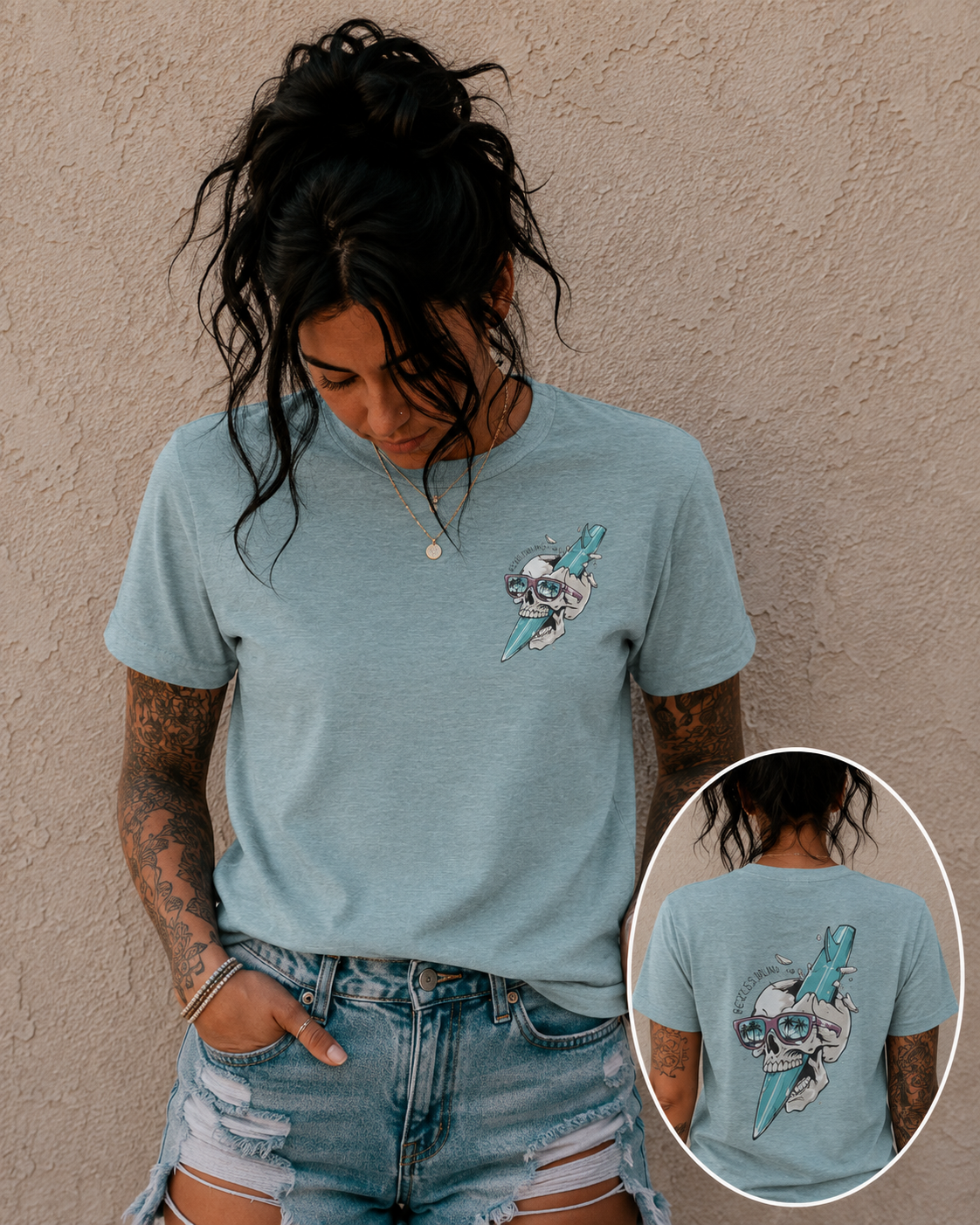 Skull Sunglasses Surfboard Tee — Retro Beach Skull Graphic T‑Shirt