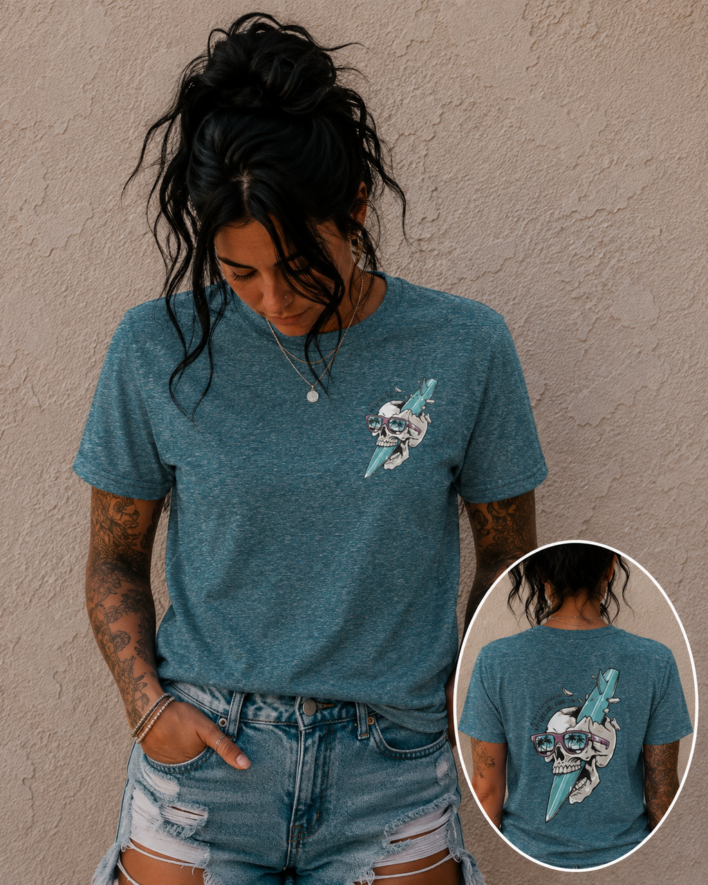 Skull Sunglasses Surfboard Tee — Retro Beach Skull Graphic T‑Shirt