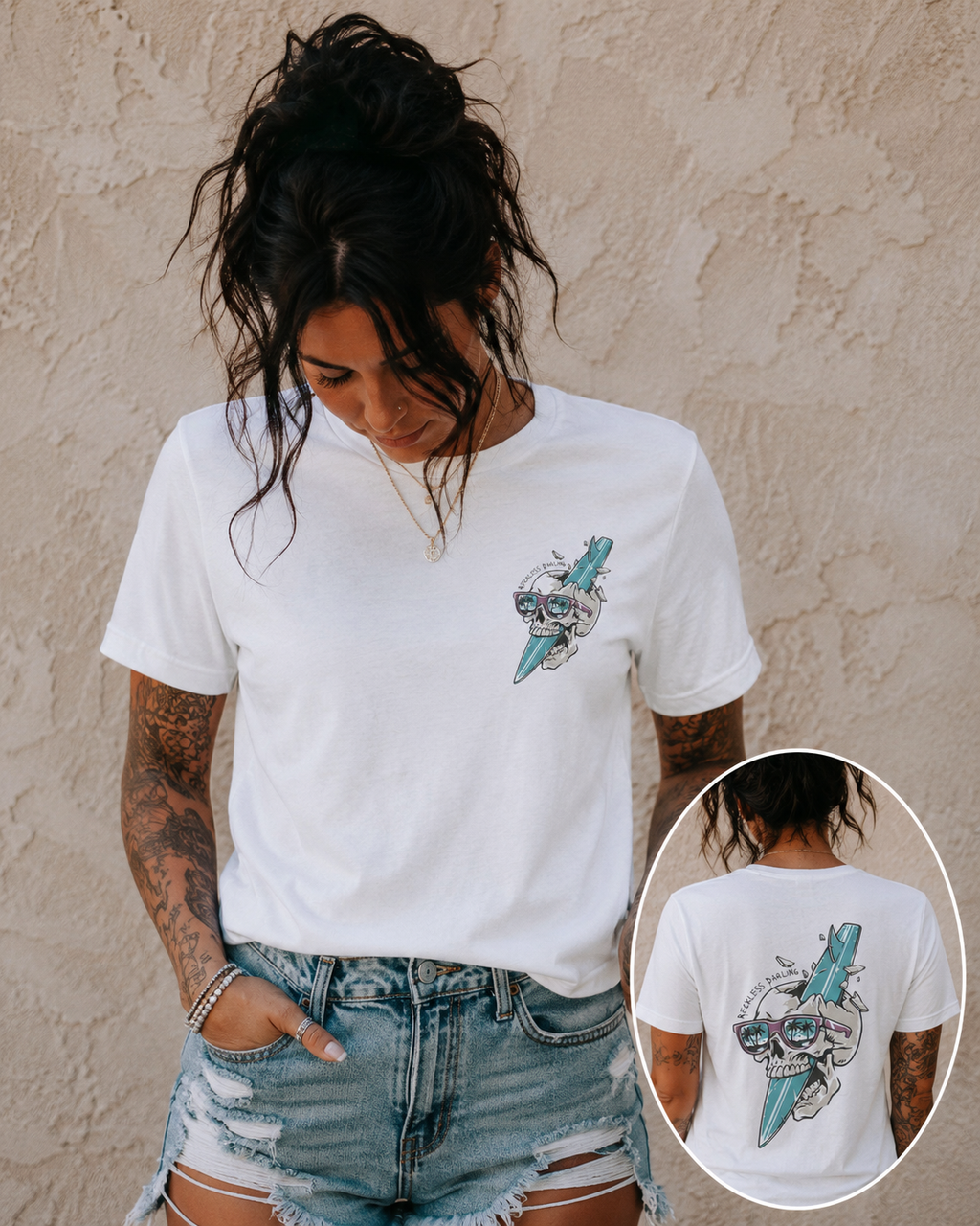 Skull Sunglasses Surfboard Tee — Retro Beach Skull Graphic T‑Shirt