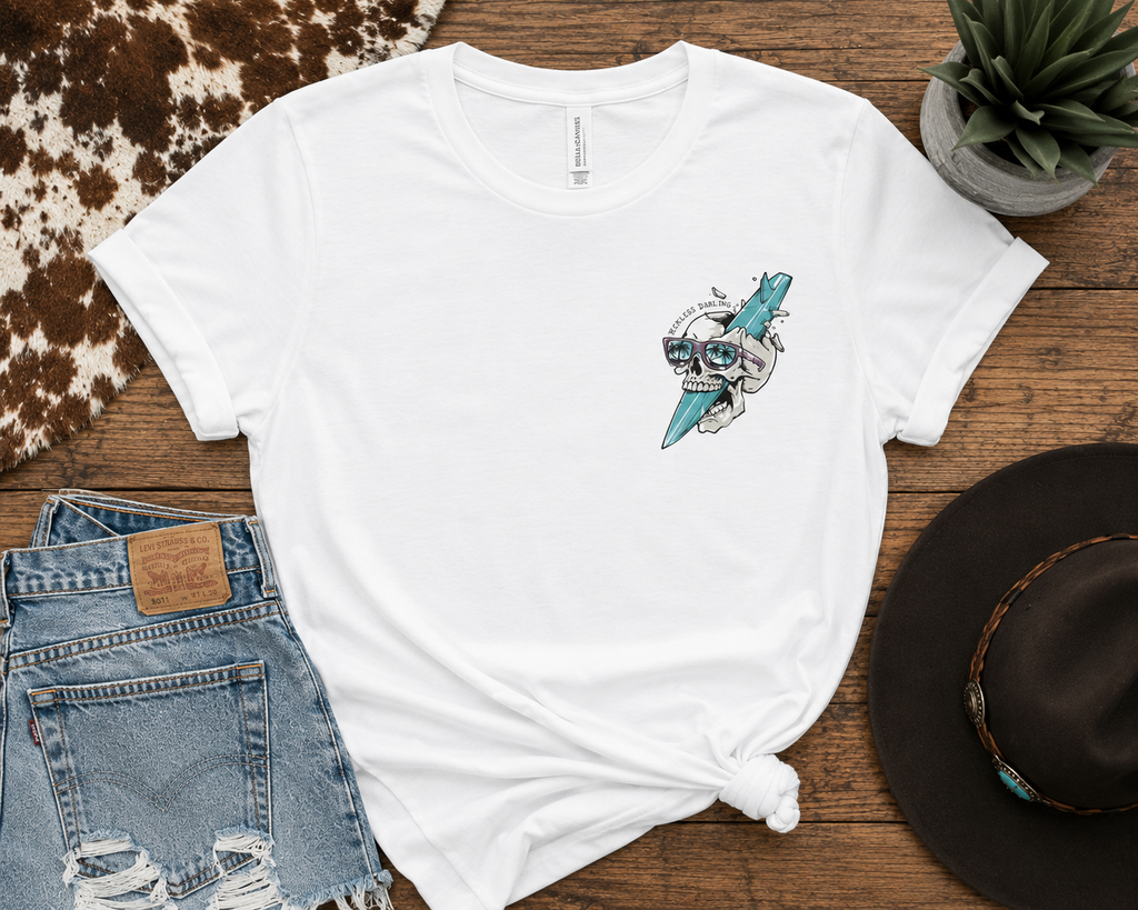 Skull Sunglasses Surfboard Tee — Retro Beach Skull Graphic T‑Shirt