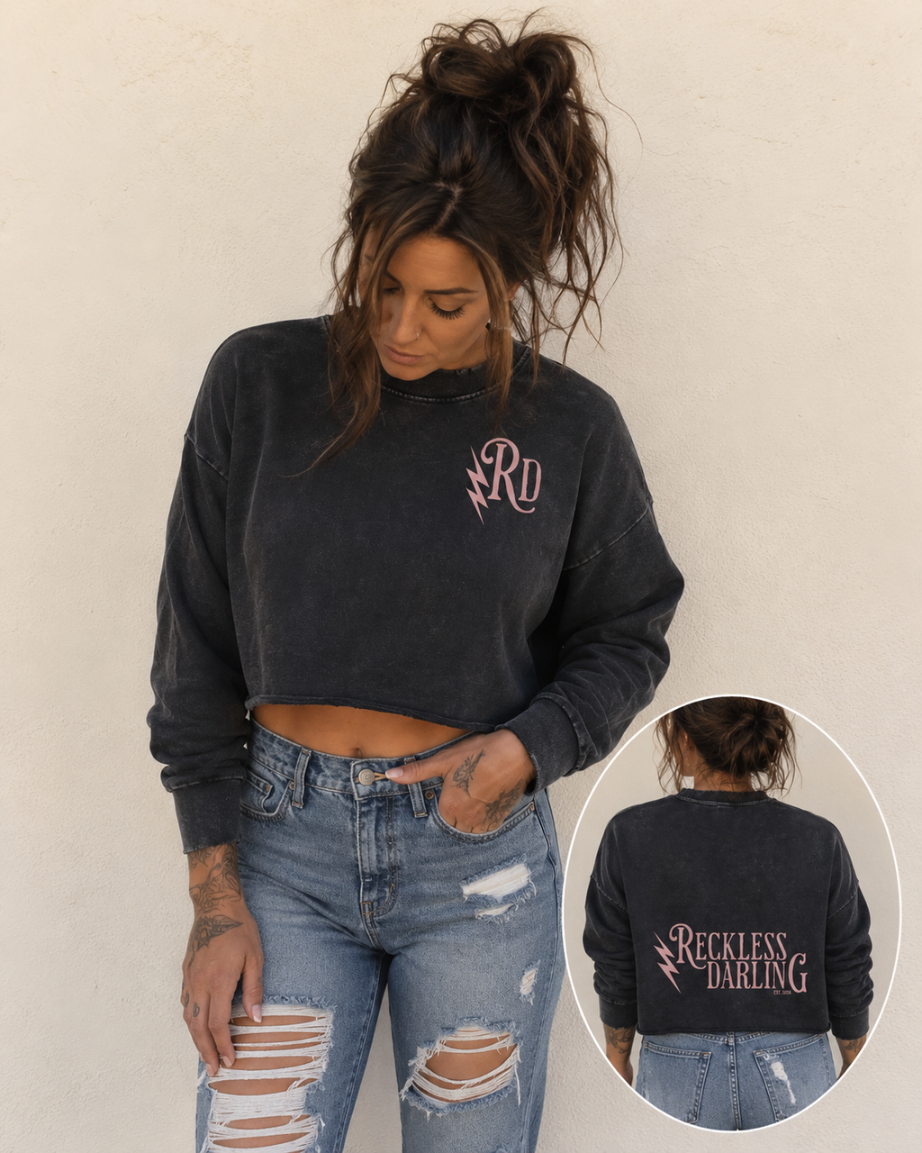 Snow Washed Raw Edge Cropped Sweatshirt