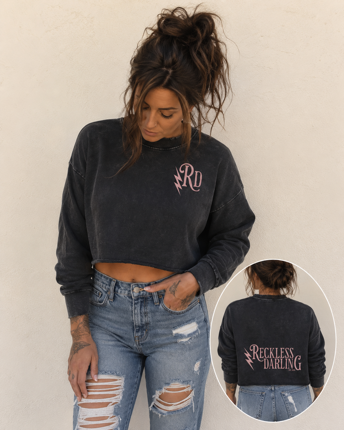 Snow Washed Raw Edge Cropped Sweatshirt