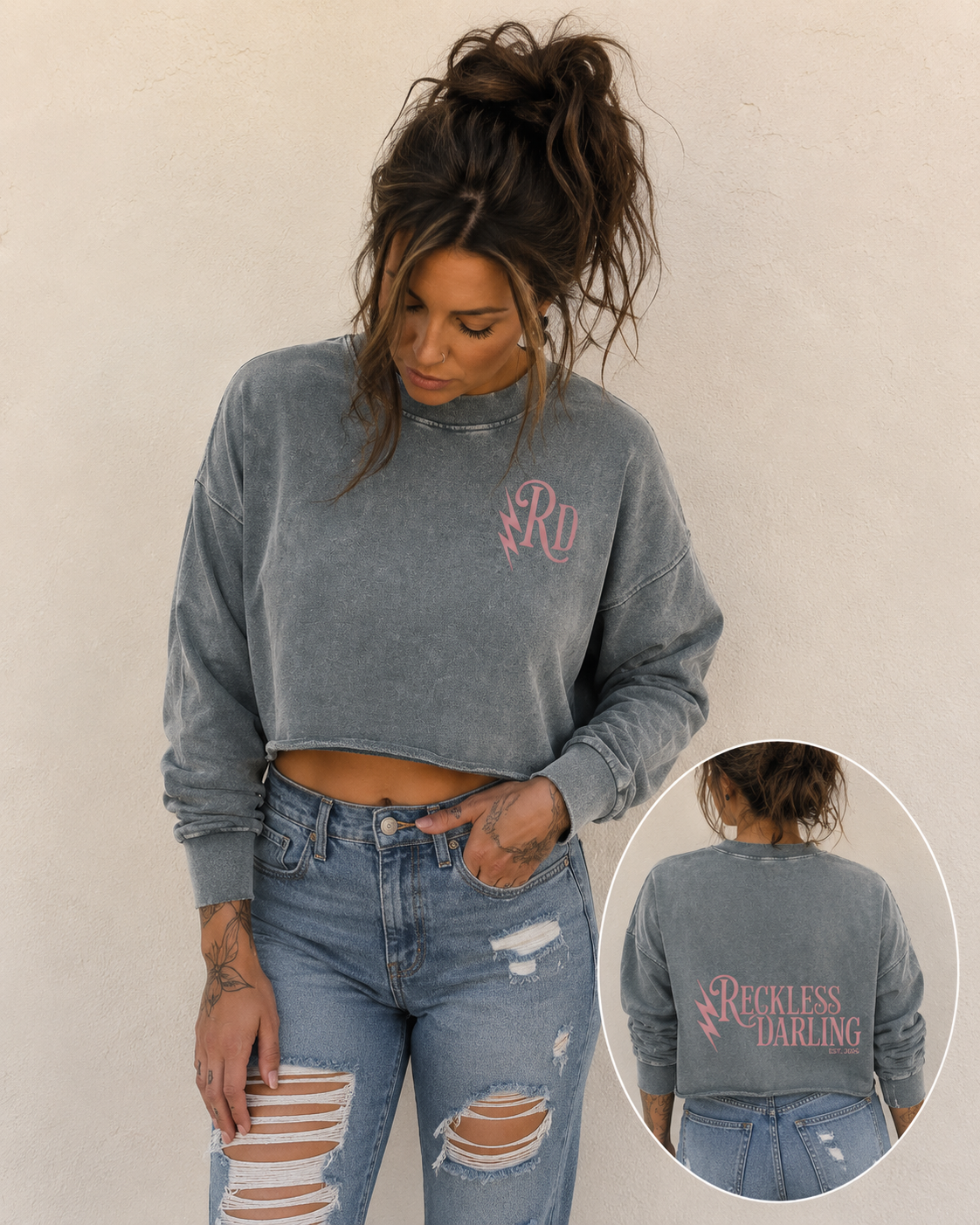 Snow Washed Raw Edge Cropped Sweatshirt