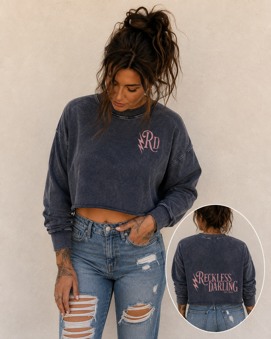 Snow Washed Raw Edge Cropped Sweatshirt