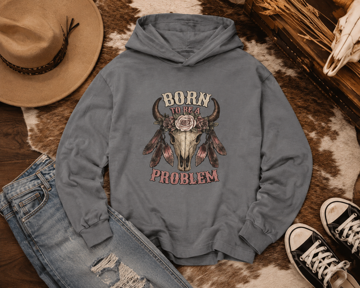 Born to be a Problem Long-Sleeve Hooded Tee — Western Skull & Feather Graphic