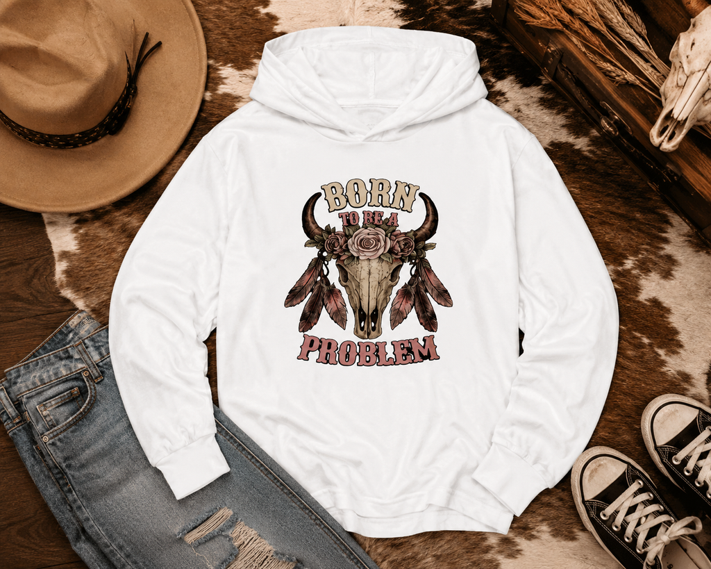 Born to be a Problem Long-Sleeve Hooded Tee — Western Skull & Feather Graphic