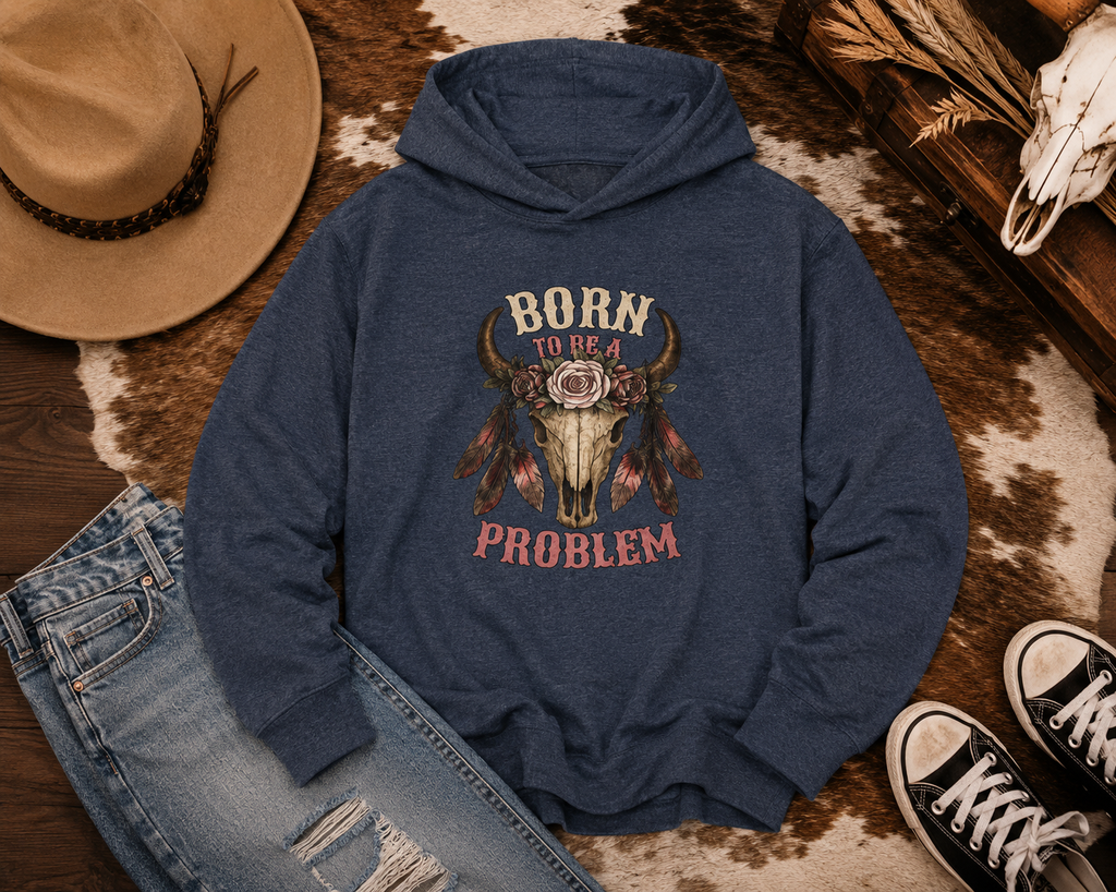 Born to be a Problem Long-Sleeve Hooded Tee — Western Skull & Feather Graphic
