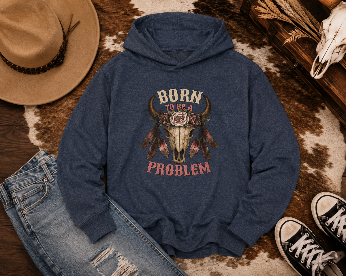 Born to be a Problem Long-Sleeve Hooded Tee — Western Skull & Feather Graphic
