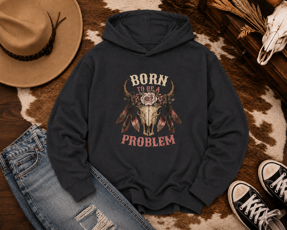 Born to be a Problem Long-Sleeve Hooded Tee — Western Skull & Feather Graphic