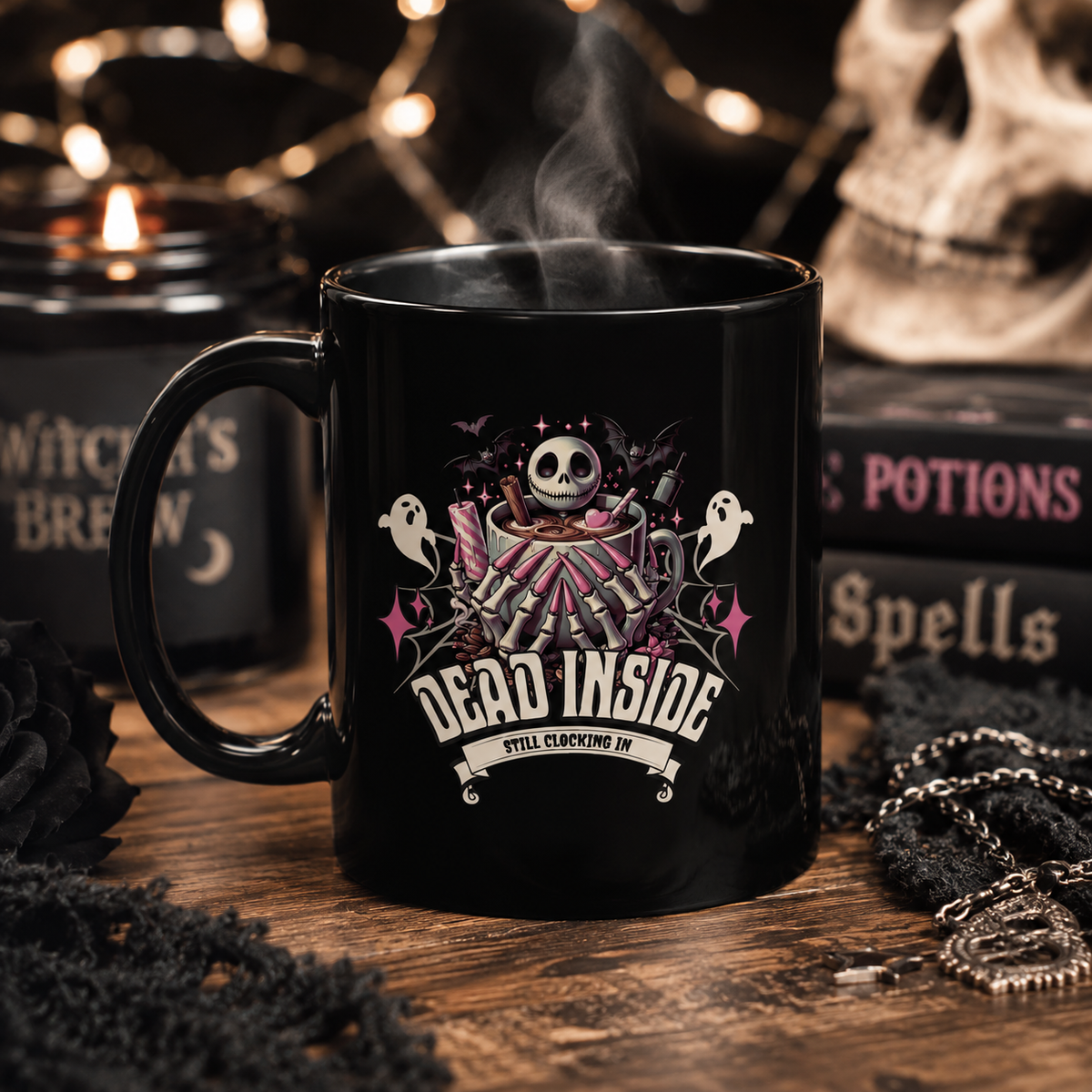 Dead Inside Ceramic Mug — Gothic Halloween Skull Coffee Cup