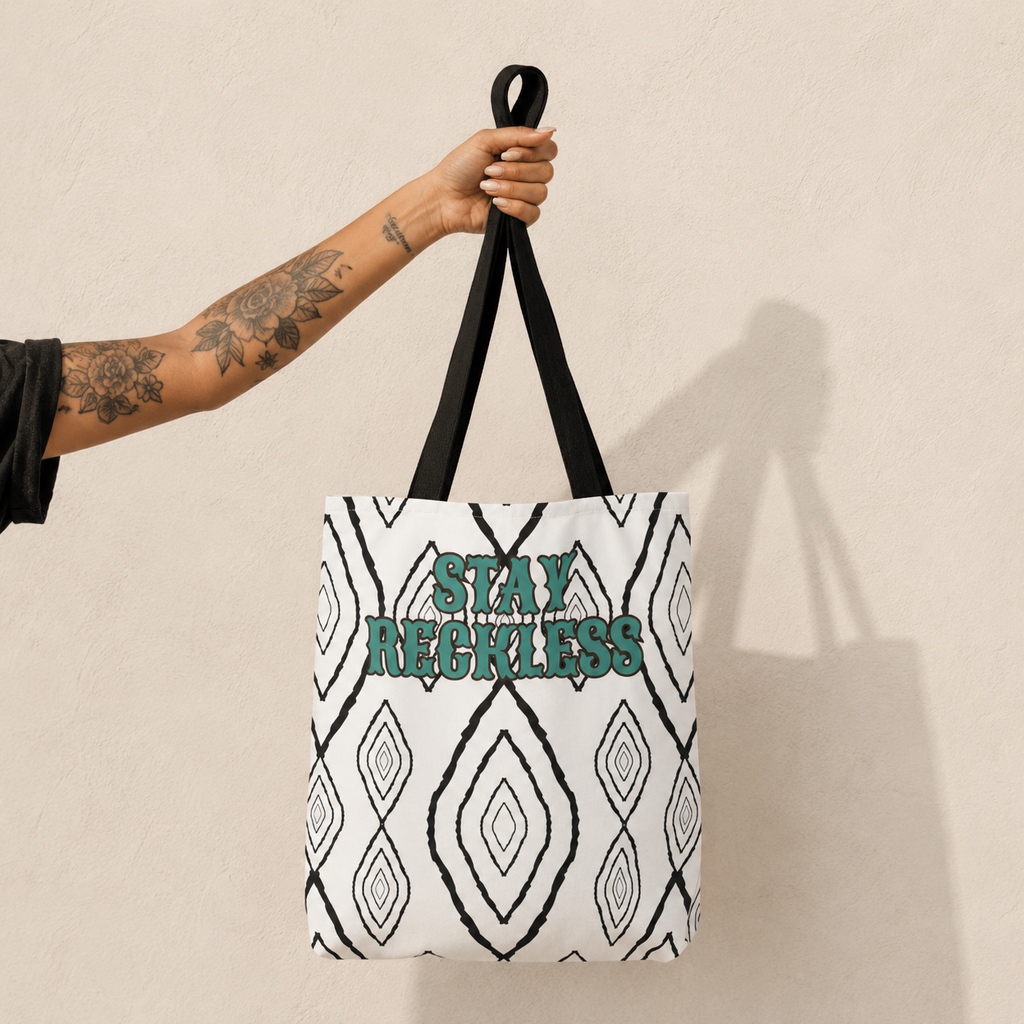Stay Reckless Patterned Tote Bag – Bold Graphic AOP Beach & Everyday Shopper