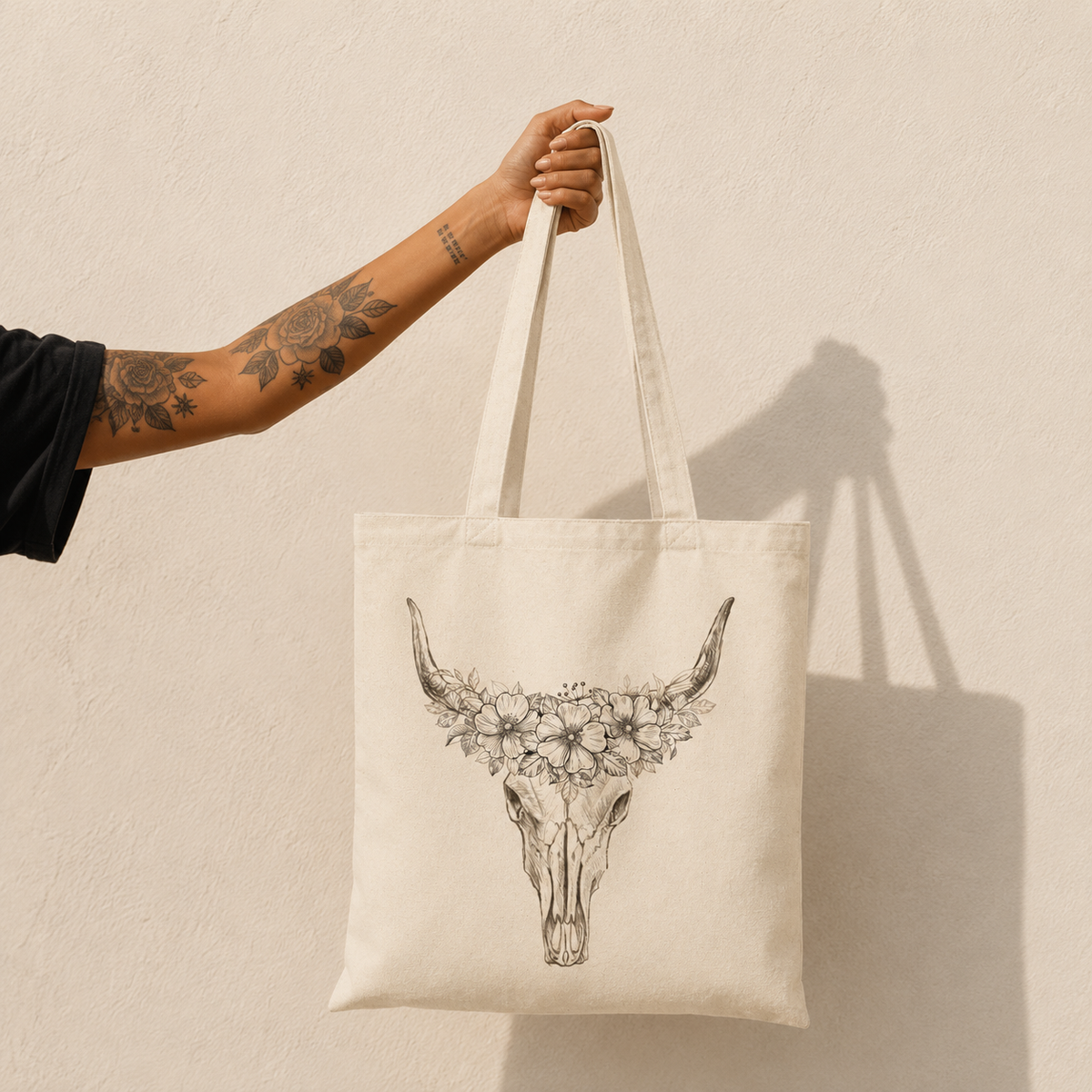 Floral Bull Skull Tote — "Reckless Darling" Cotton Canvas Bag