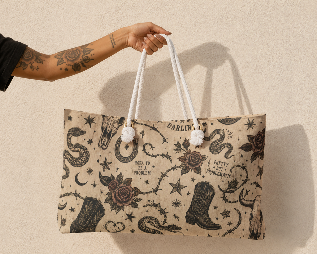 Vintage Western Weekender Bag — Cowboy Boot, Snake & Rose Travel Tote